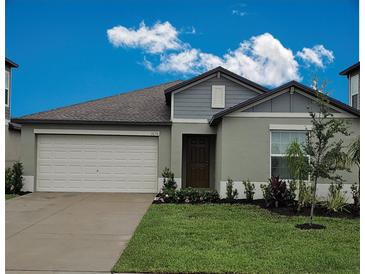 Charming single-Gathering home with a well-manicured lawn and an attached two-car garage, inviting curb appeal at 13156 Merlot Sunstone Cv, Parrish, FL 34219