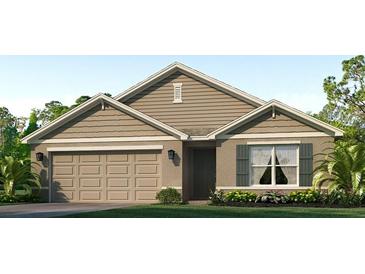 Beautiful, one-story home featuring a 2-car garage, tan and brown color scheme, and lush landscaping at 12075 Mountain Island Trl, Parrish, FL 34219