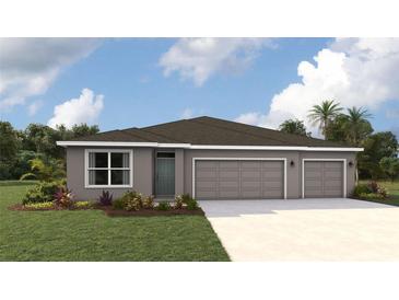 Charming single-story home showcasing a well-manicured lawn, neutral gray paint, and a convenient three-car garage at 17467 Whiskey Creek Trl, Parrish, FL 34219