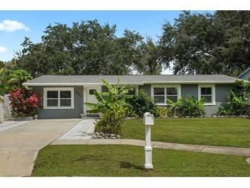 Charming single-story home featuring a well-manicured lawn, complemented by lush tropical landscaping in the front yard at 4695 86Th N Ave, Pinellas Park, FL 33782