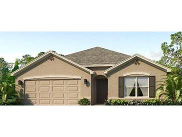 Charming one-story home with a two-car garage, neutral stucco exterior, and well-manicured landscaping at 4423 Dusky Dawn Ln, Palmetto, FL 34221