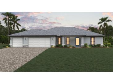 Charming single-story home boasting a three-car garage, lush green lawn and attractive stone accents at 17065 Kellog Ave, Port Charlotte, FL 33954