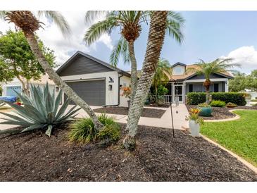 Landscaped front yard featuring palm trees and dark mulch surrounding the flower beds at 11021 4Th E Ave, Bradenton, FL 34212
