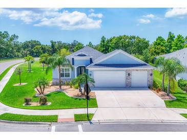 Charming single-Gathering home featuring a two-car garage and a well-maintained lawn with decorative landscaping and palm trees at 12755 Rainwashed Loop, Parrish, FL 34219