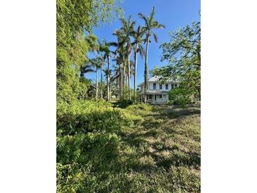 Two-story home with palms trees set amongst green foliage against a clear blue sky at 3601 Riverview Blvd, Bradenton, FL 34205