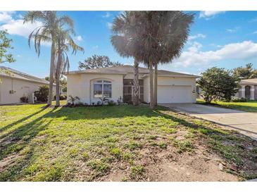 Charming single-story home with a well-manicured lawn and beautiful landscaping with mature palm trees at 4307 Manfield Dr, Venice, FL 34293