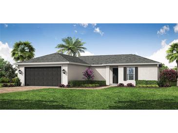 New construction home featuring a well-manicured lawn, gray roof, and neutral stucco siding at 23440 Avacado Ave, Punta Gorda, FL 33980