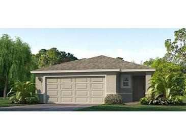 Charming single-story home featuring a two-car garage, well-maintained lawn, and fresh landscaping at 10710 Hidden Banks Gln, Parrish, FL 34219