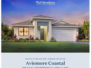 Beautiful single-story home with a manicured lawn, neutral color palette, and a two-car garage, embodying luxury living at 12996 Morning Mist Pl, Venice, FL 34293