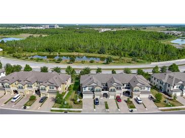 Townhomes with well maintained landscaping and driveways are situated near green space and water features at 30073 Southwell Ln, Wesley Chapel, FL 33543