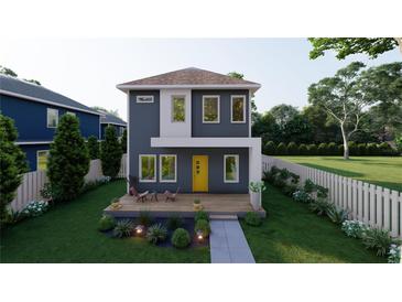Modern two-story home features a minimalist design, yellow door, and welcoming front porch with seating at 4759 11Th S Ave, St Petersburg, FL 33711