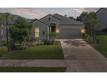 Charming single-story home boasts a manicured lawn, two-car garage, and inviting curb appeal at 15316 Shady Palms Ln, Nokomis, FL 34275