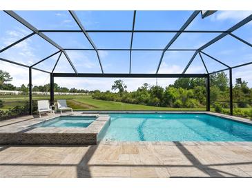 Beautiful pool and spa with scenic views, enclosed in a screened lanai with ample patio space for outdoor relaxation at 15316 Shady Palms Ln, Nokomis, FL 34275