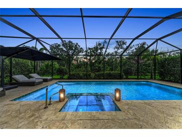 Screened-in pool area with an in-ground spa and lounge chairs, surrounded by lush greenery at 15315 Derna Ter, Bradenton, FL 34211