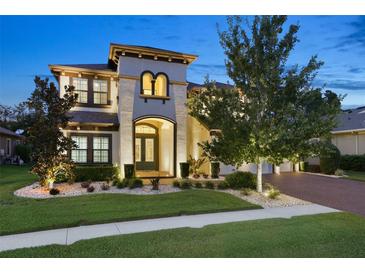 Stunning two-story home with a landscaped yard, illuminated by spotlights at twilight at 19351 Ranchview Ct, Land O Lakes, FL 34638