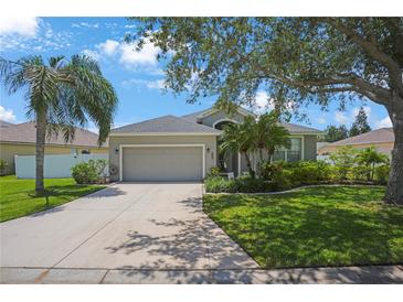 Charming single-story home featuring a manicured lawn, mature trees, and a two-car garage, enhancing curb appeal at 5419 Lakehurst Ct, Palmetto, FL 34221