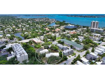 Stunning aerial view of waterfront property showcasing lush surroundings and scenic coastal views at 1740 Alderman St # 7, Sarasota, FL 34236