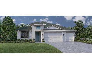 Charming single-story home featuring a three-car garage, well-manicured lawn, and beautifully landscaped surroundings at 12671 Sunbridge Dr, Venice, FL 34293