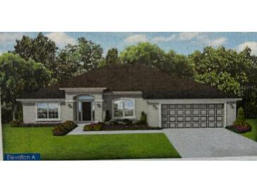 Charming single-story home featuring a two-car garage, well-manicured lawn, and elegant architectural details at 8464 Ginsberg Ter, North Port, FL 34287