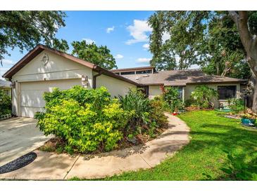 Charming single-story home featuring lush landscaping and a welcoming walkway leading to the front entrance at 8240 Cypress Lake Dr, Sarasota, FL 34243