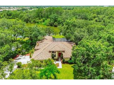 Expansive aerial view of a beautiful home with a tile roof, lush green lawn, mature trees, and a lake at 8717 Misty Creek Dr, Sarasota, FL 34241