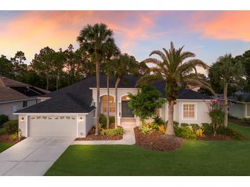 Stunning home exterior with lush landscaping, palm trees, and a two-car garage at sunset at 10022 Laurel Valley Avenue Cir, Bradenton, FL 34202