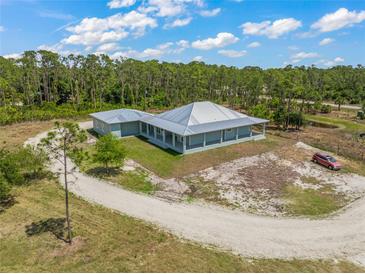 This charming, light-blue home features a sprawling circular drive and a serene, wooded backdrop at 8146 Tropicaire Blvd, North Port, FL 34291