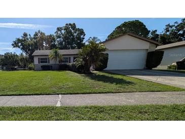 Charming single-story home with a well-manicured lawn, mature landscaping, and a two-car garage at 3237 Pine Haven Dr, Clearwater, FL 33761