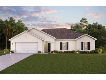 New construction ranch style home with a two-car garage, landscaping, and a neutral color palette at 10459 Calumet Blvd, Port Charlotte, FL 33981