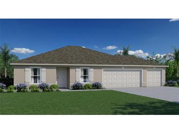 Tan house with three car garage and landscaping at 3088 Larissa St, Port Charlotte, FL 33948