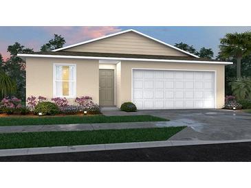Tan house with white garage door and landscaping at 27101 N Twin Lakes Dr, Punta Gorda, FL 33955