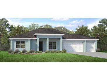 Light blue single-story home with three car garage and landscaping at 25228 Rampart Blvd, Punta Gorda, FL 33983
