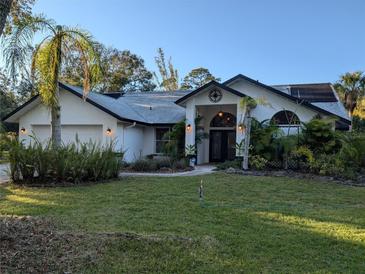 Beautiful home with a well-manicured lawn, two-car garage, and palm trees at 6405 Buckboard St, North Port, FL 34291