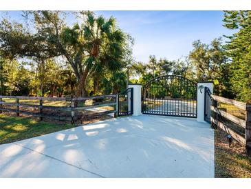 Ornate black gate opens to a long driveway, with lush landscaping and wooden fencing at 17221 Elder Ave, Port Charlotte, FL 33954