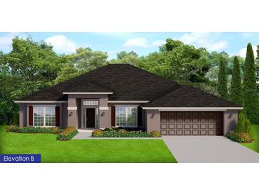 Single-story home with dark brown roof, brown garage door, and landscaping at 9159 Melody Cir, Port Charlotte, FL 33981