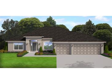 Charming single-story home with a three-car garage, manicured lawn, and inviting front entrance at 18383 Elgin Ave, Port Charlotte, FL 33948
