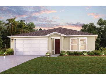 Charming single-story home featuring a two-car garage, well-manicured lawn, and neatly arranged shrubbery at 3899 Geary Ter, North Port, FL 34288