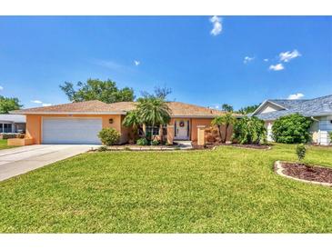 Charming single-story home featuring a manicured lawn and lush tropical landscaping at 3287 Meadow Run Cir, Venice, FL 34293