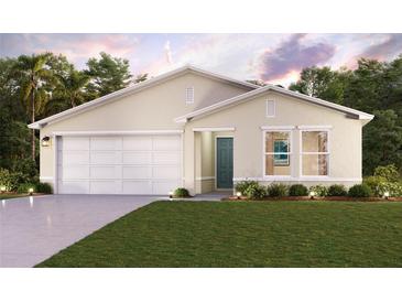 Charming single-story home featuring a two-car garage, well-manicured lawn, and inviting front entrance at 9744 Horizon Dr, Spring Hill, FL 34608