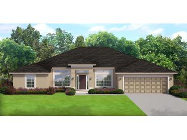Charming single-story home featuring a well-manicured lawn, an attached garage, and mature landscaping at 26209 Madras Ct, Punta Gorda, FL 33983