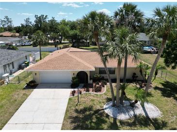 Charming single-story home with a well-manicured lawn, beautiful palm trees and a two-car garage at 21035 Exmore Ave, Port Charlotte, FL 33952