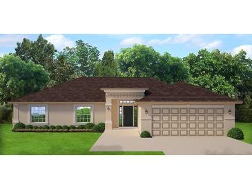 Charming single-story home featuring a 2-car garage, manicured lawn, and lush landscaping at 23498 Moses Ct, Punta Gorda, FL 33980