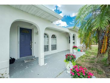 Inviting front porch featuring a stylish blue door and decorative planters, creating a welcoming entrance to the home at 6103 Fabian Rd, North Port, FL 34287