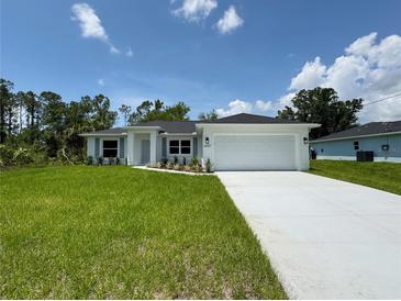 Beautiful one-story home featuring a well-manicured lawn and a classic, neutral-toned facade at 8687 Lisa Blvd, North Port, FL 34288