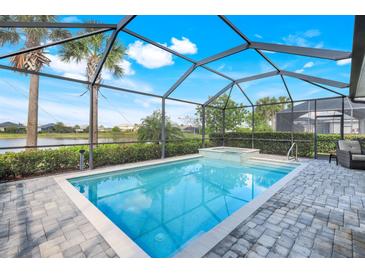 Screened-in pool and spa with a view of the lake at 43249 Treadway Dr, Punta Gorda, FL 33982