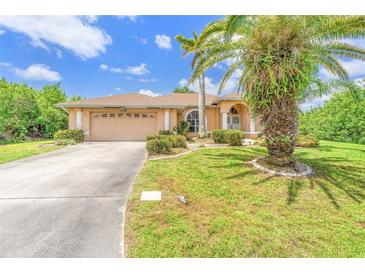 Charming single-story home with lush landscaping, mature palm trees, and a well-maintained lawn under a sunny, blue sky at 17125 Canary Ln, Port Charlotte, FL 33948