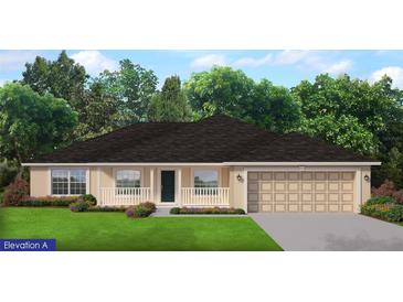 Charming single-story home with a two-car garage, covered porch, and well-manicured lawn at 220 Spring Dr, Rotonda West, FL 33947