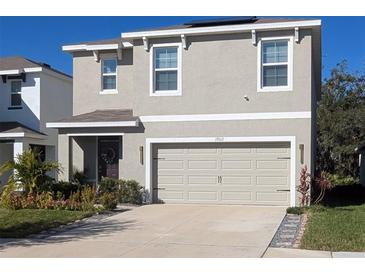 Two-story house with light beige siding, two-car garage, and landscaping at 17012 Oval Rum Dr, Wimauma, FL 33598