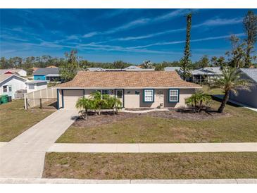 Charming home with manicured lawn, small palms, and a driveway leading to an attached garage at 13532 Romford Ave, Port Charlotte, FL 33981