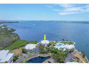 Stunning aerial view of waterfront property with a pool and beautiful landscaping at 11000 Placida Rd # 101, Placida, FL 33946